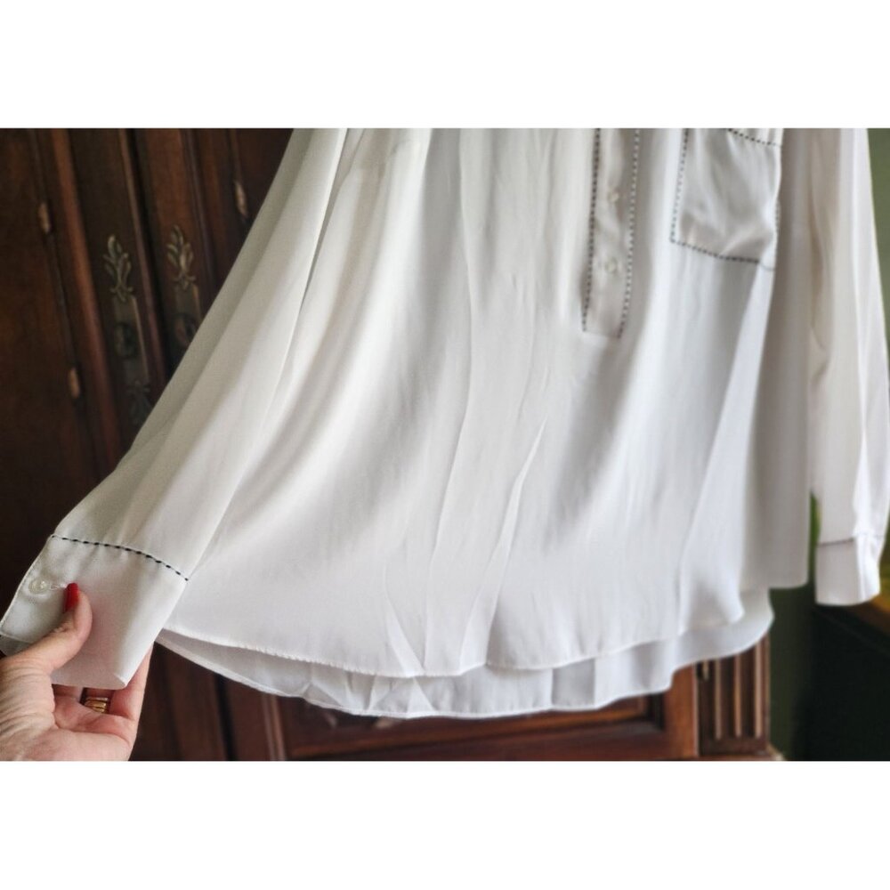 Lane Bryant Lng Slv Chiffon Blouse Pocket White w/ Black Whip Stitching Sz 18/20 - Picture 6 of 12